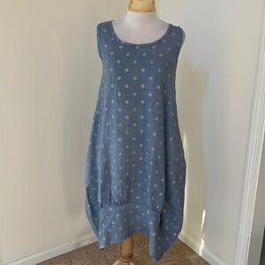 Pistache grey with glittery dots asymmetrical linen dress with pockets.